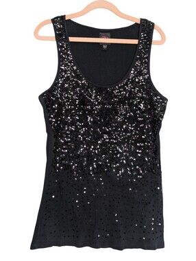 Y2K 2B Bebe Black Sequin Tank Top - Sleeveless Evening ribbed Top Size Large